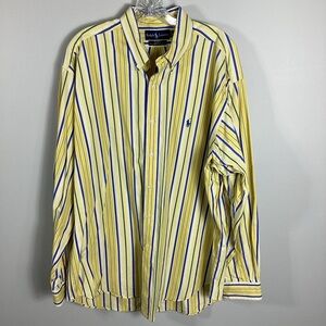 Vintage Ralph Lauren Mens Blake Shirt XL Blue Yellow Pinstriped Cotton Blue Pony